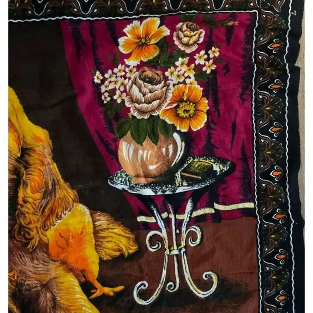 Vintage Tapestry Wall Hanging Cotton Cat Dog Chick Made In Turkey 52.5x34.5